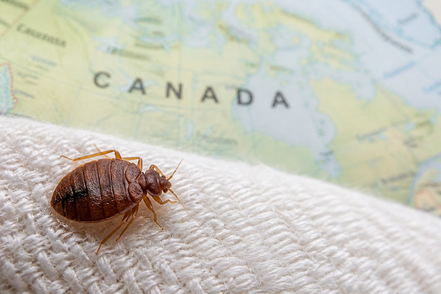 Close-up of a bed bug on fabric with a blurred map of Canada in the background.