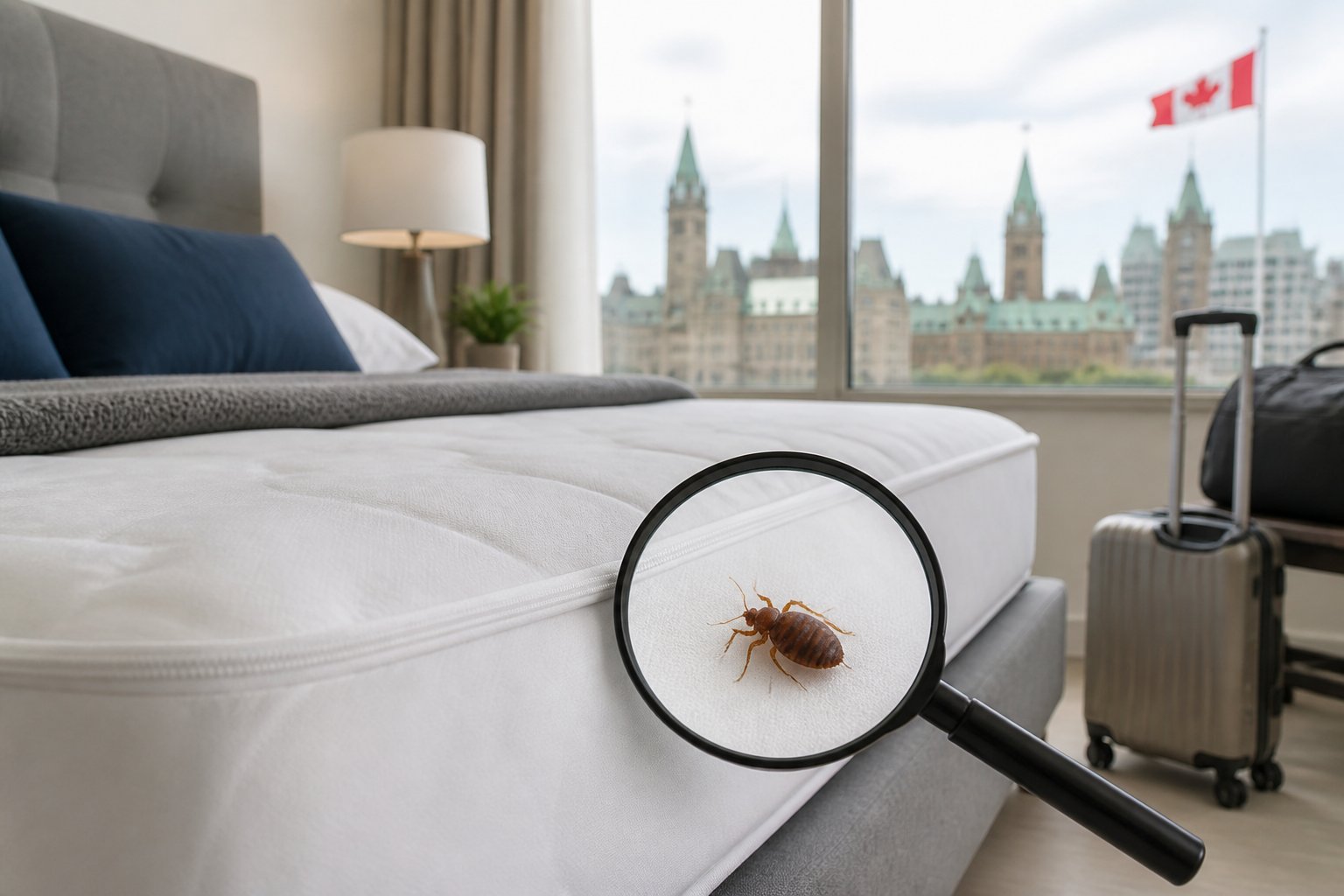 A modern Canadian bedroom with a mattress protected by a cover and a magnifying glass highlighting a small bed bug model, with a cityscape and Canadian flag visible through the window.