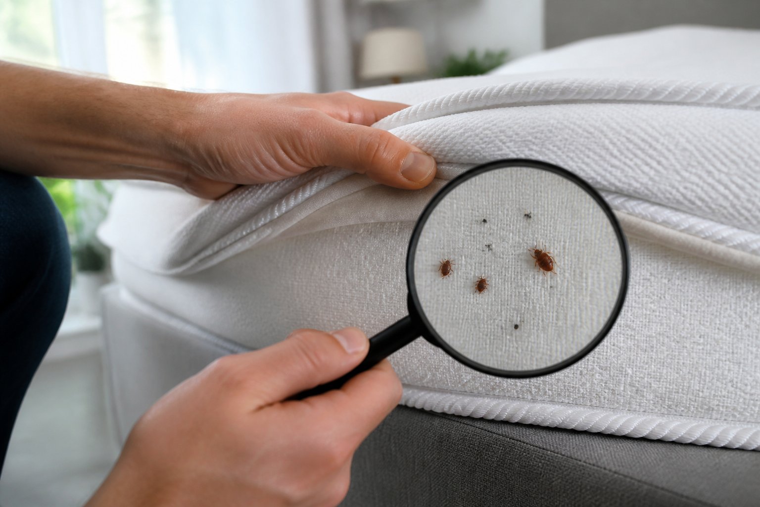 A person lifting a mattress corner and using a magnifying glass to look for bed bugs on the fabric.