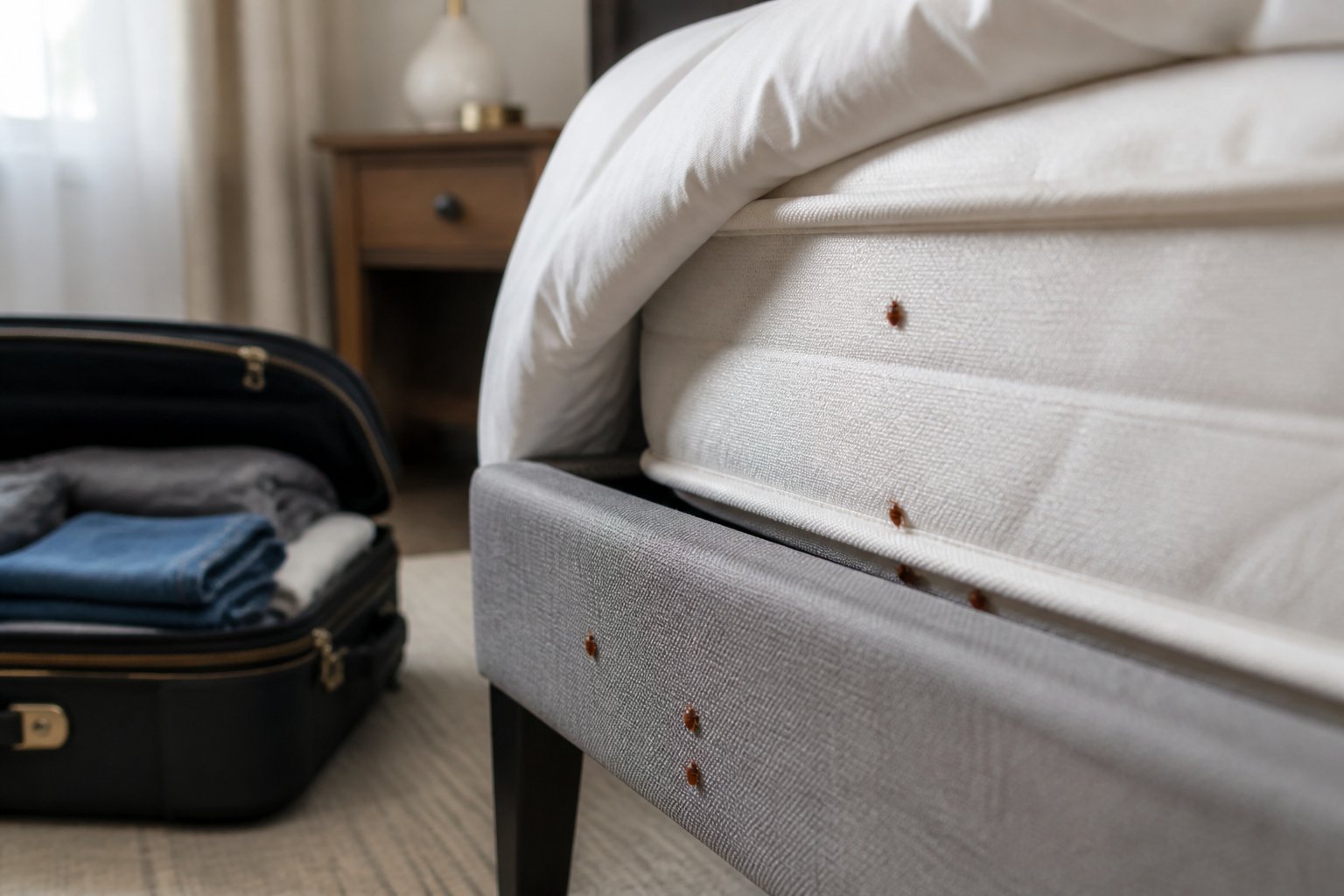 Close-up of a bed and mattress with small bed bugs near the mattress seams and an open suitcase on the floor in a bedroom.