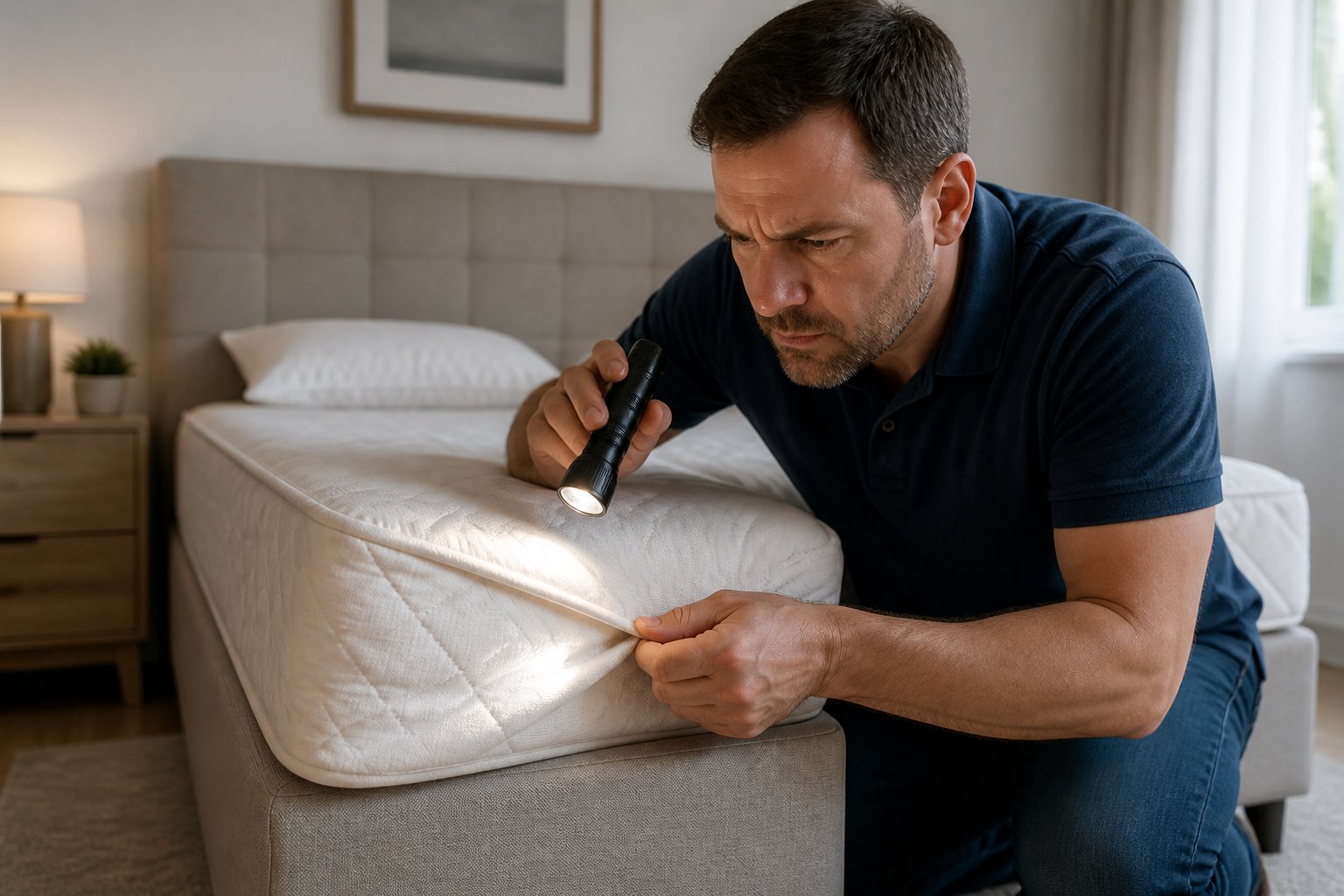 An adult closely inspecting a mattress with a flashlight in a clean bedroom.