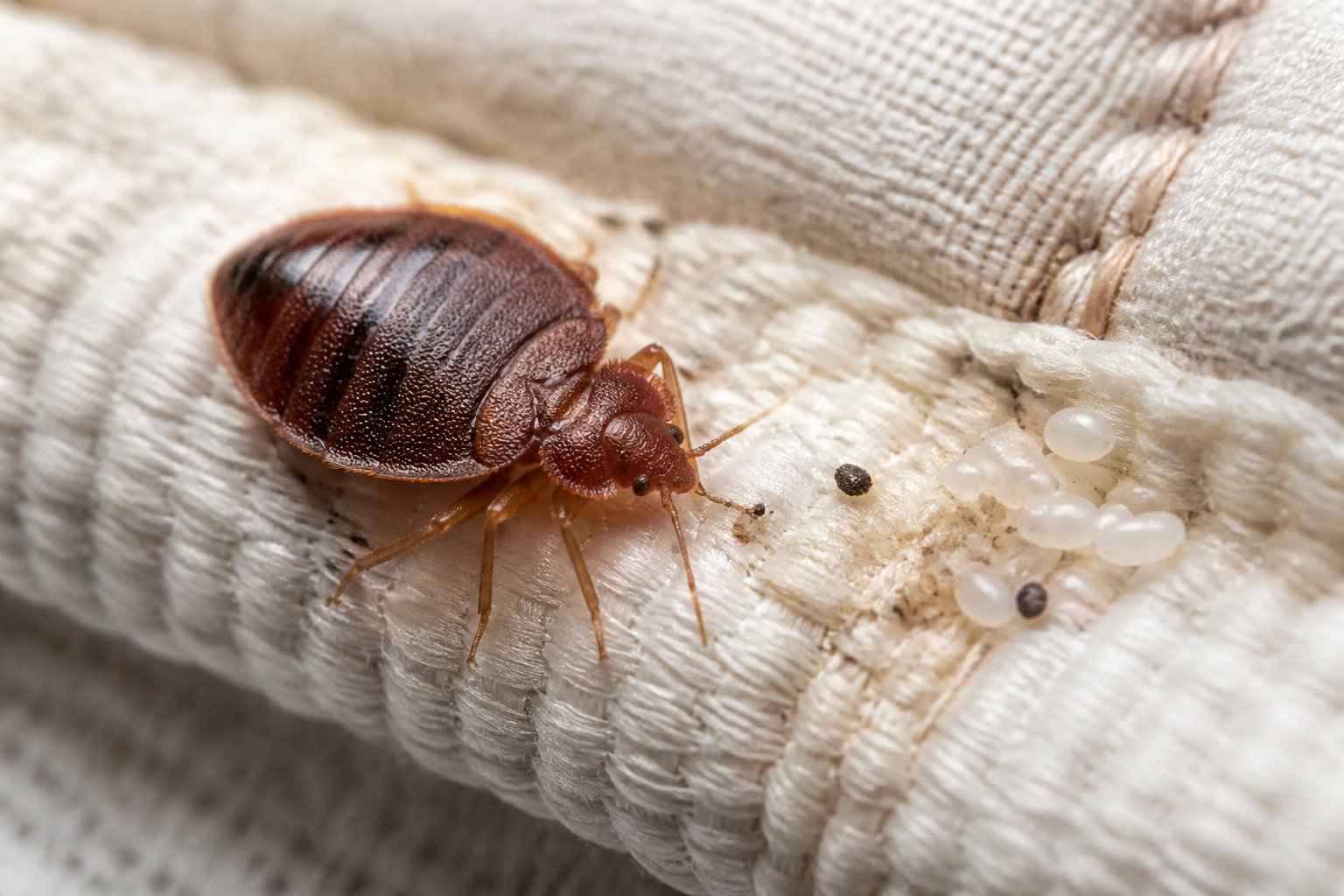 Close-up of a bed bug on a mattress seam with small bed bug eggs nearby.