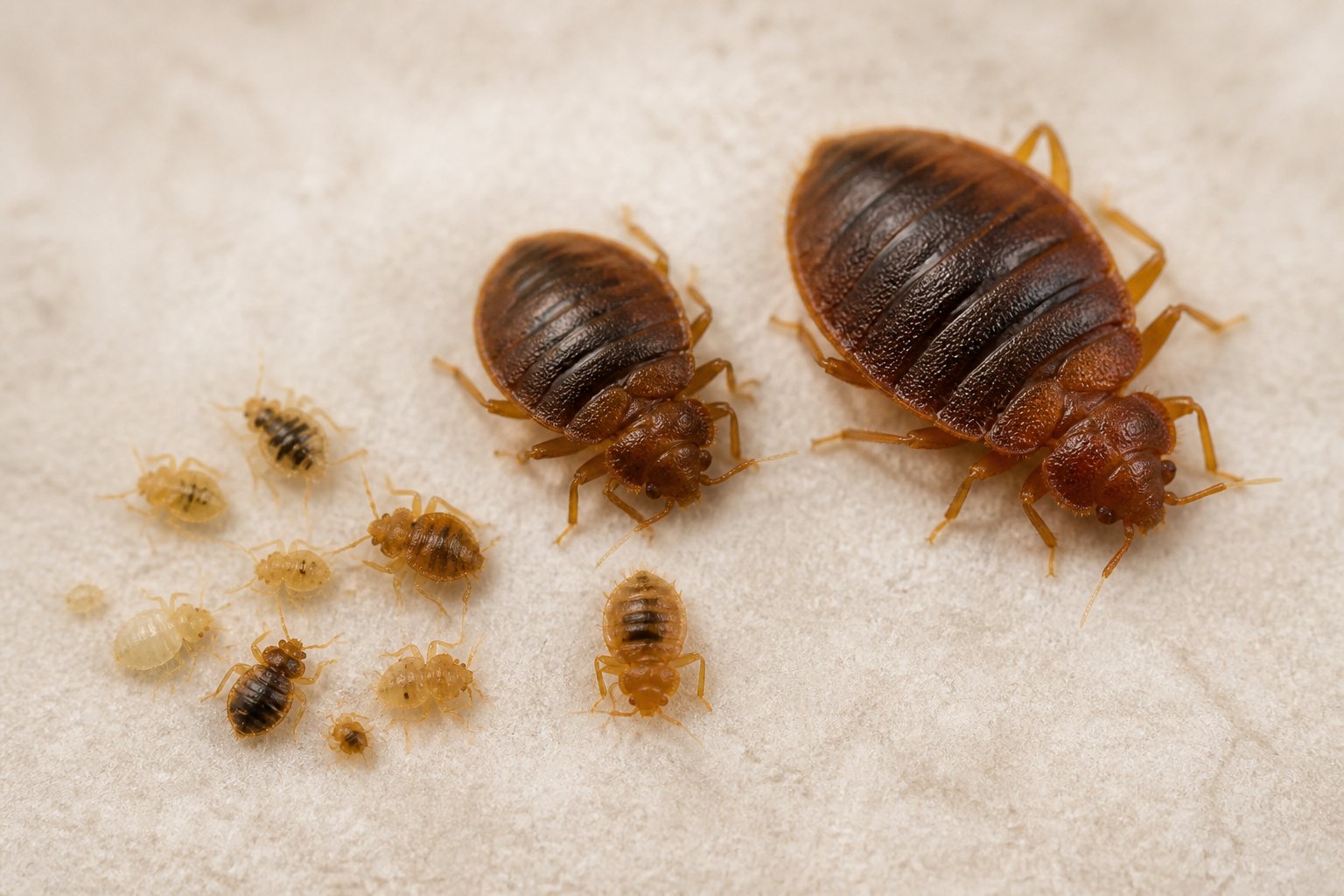 Close-up of adult and young bed bugs on a neutral surface before egg laying.
