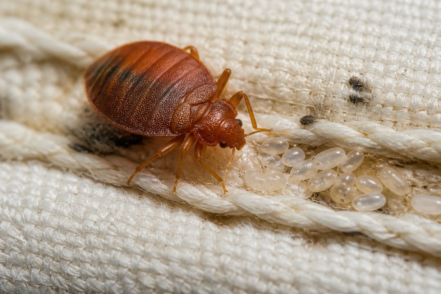 Close-up of a bed bug on a mattress with small translucent eggs nearby.