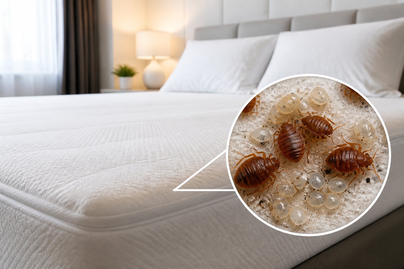 Close-up of a clean bed with a magnified view of bed bugs and their eggs on the mattress.