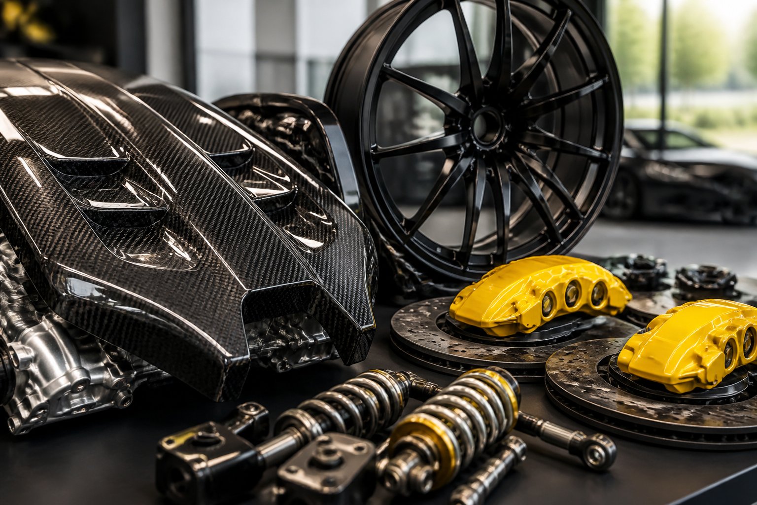 Close-up view of high-end Lamborghini car parts arranged on a black surface in a bright workshop setting.
