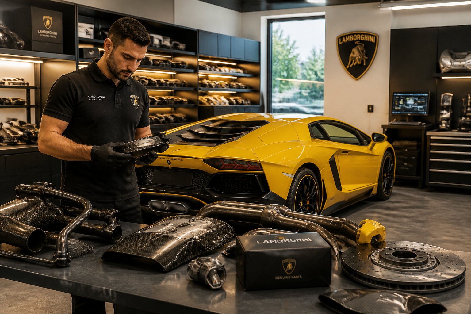 A yellow Lamborghini Aventador in a modern automotive workshop with car parts and a mechanic inspecting a component.