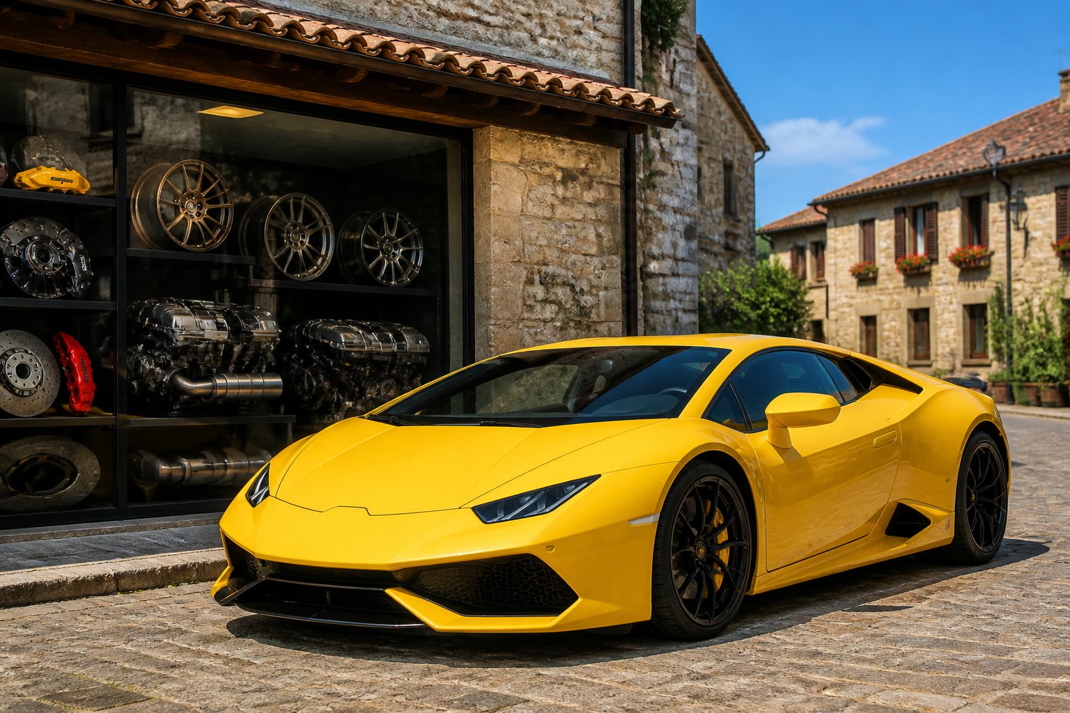 A yellow Lamborghini parked outside an Italian automotive parts store on a sunny day.