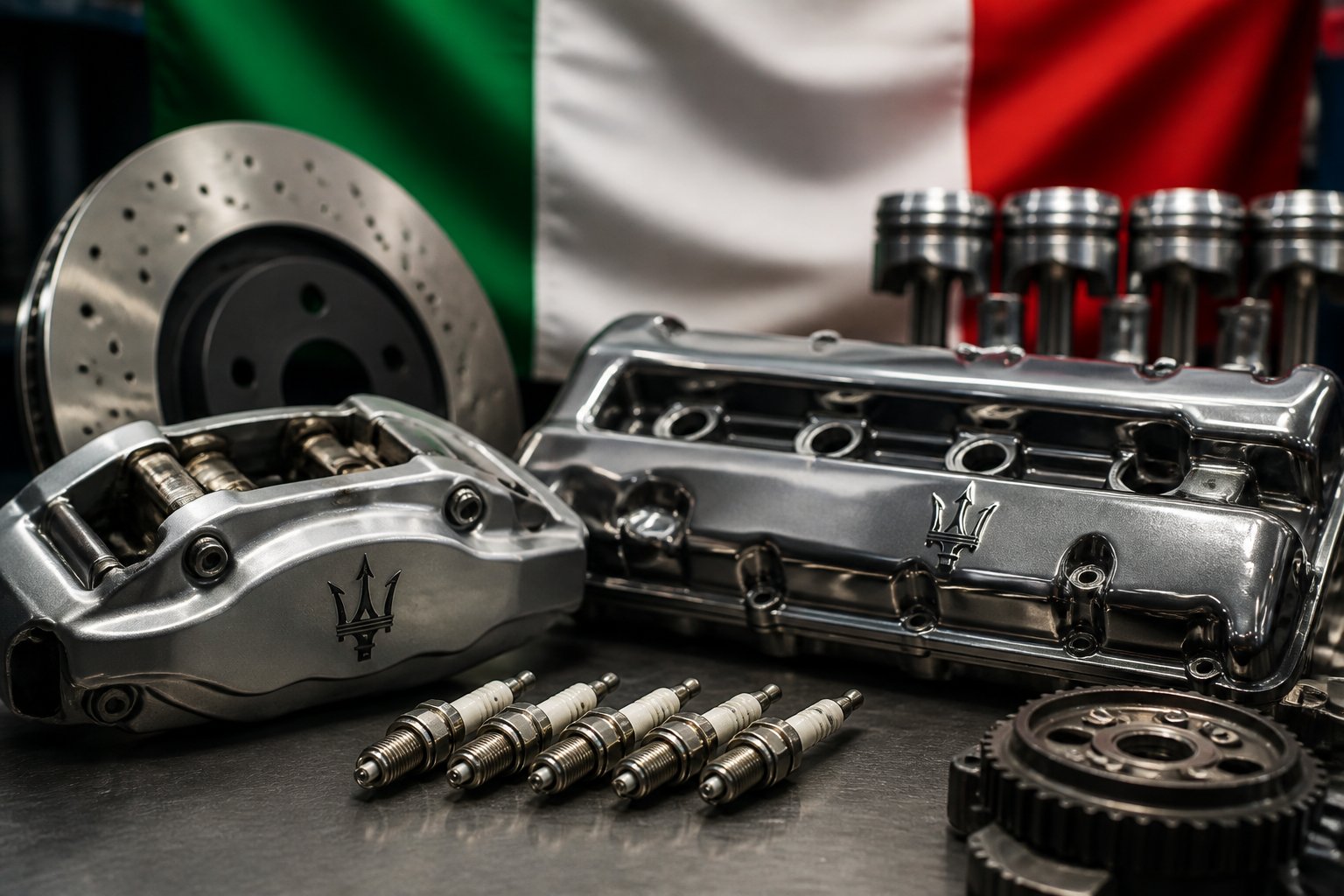 Close-up of premium Maserati car parts arranged on a workbench with a blurred Italian flag in the background.
