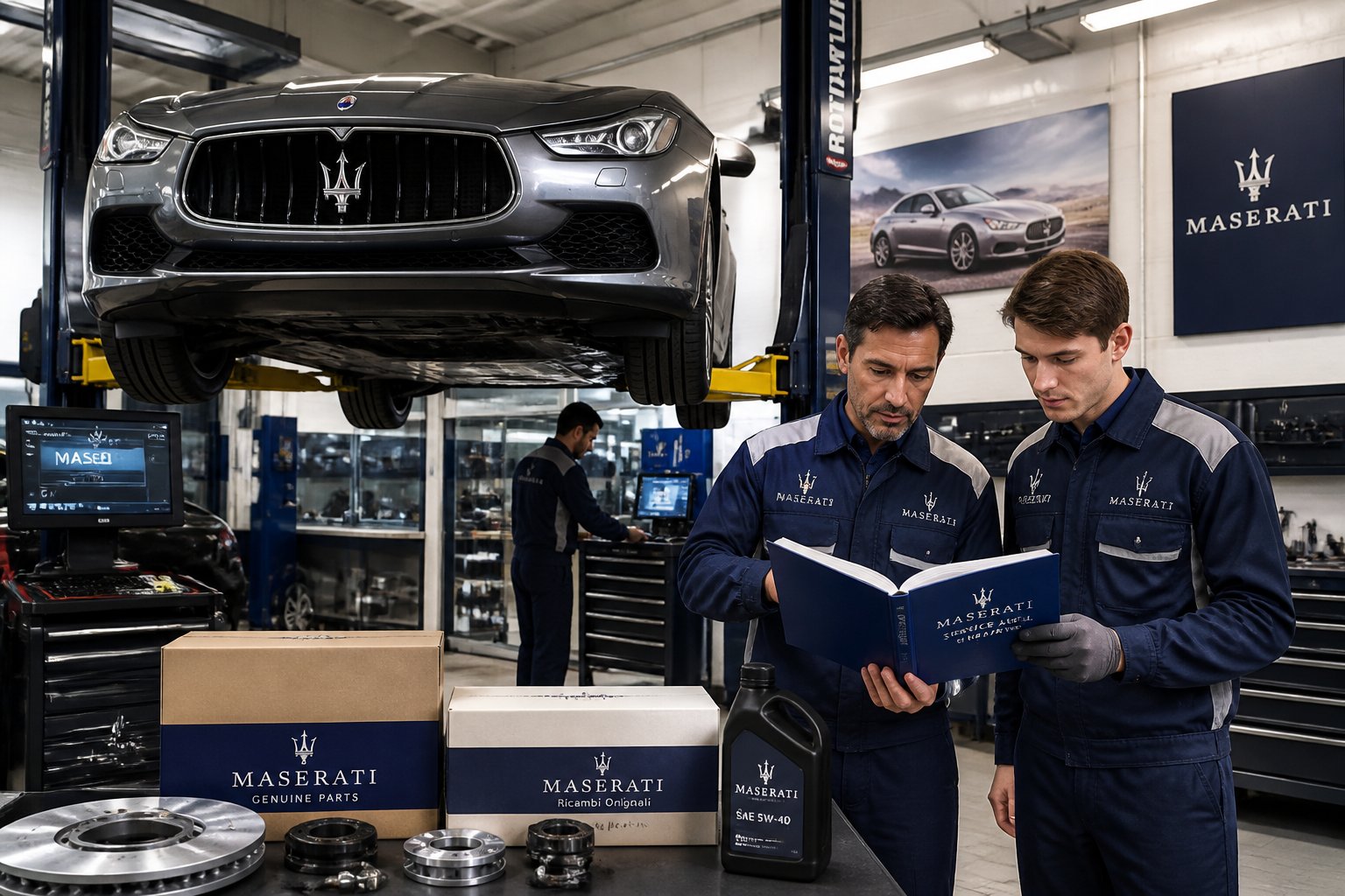 Technicians working on a Maserati car in a clean automotive workshop with tools and parts around.
