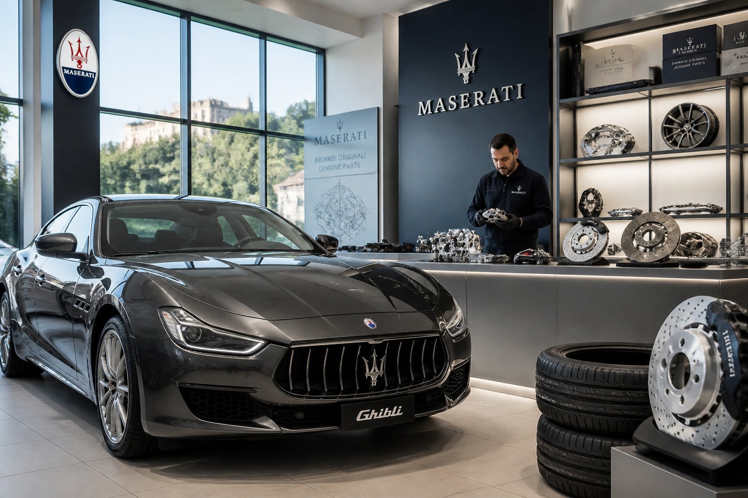 A Maserati car in a bright dealership showroom with genuine parts displayed and a technician inspecting a component.