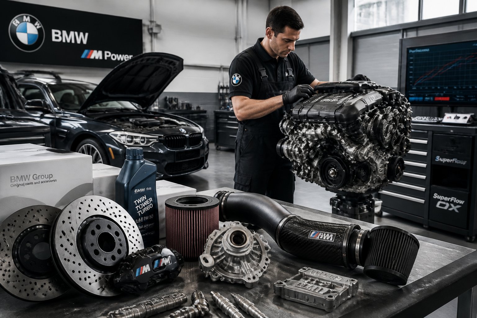 A mechanic inspecting BMW car engine parts in a clean automotive workshop with various BMW components on a workbench.