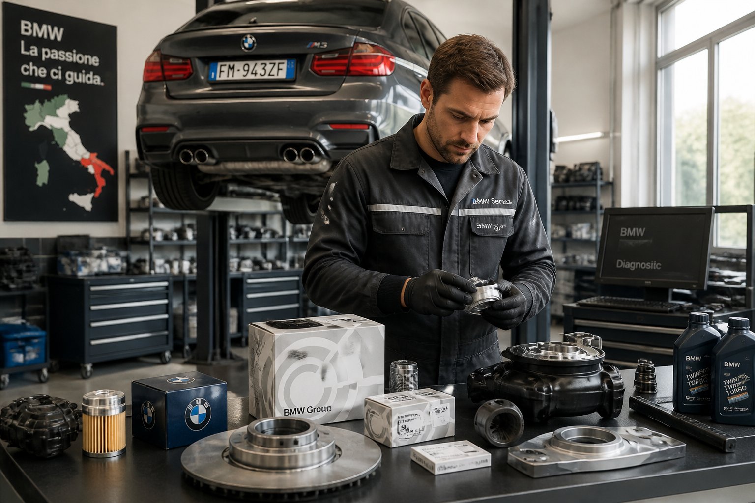 A mechanic inspecting BMW spare parts in a car workshop with a BMW vehicle lifted in the background.