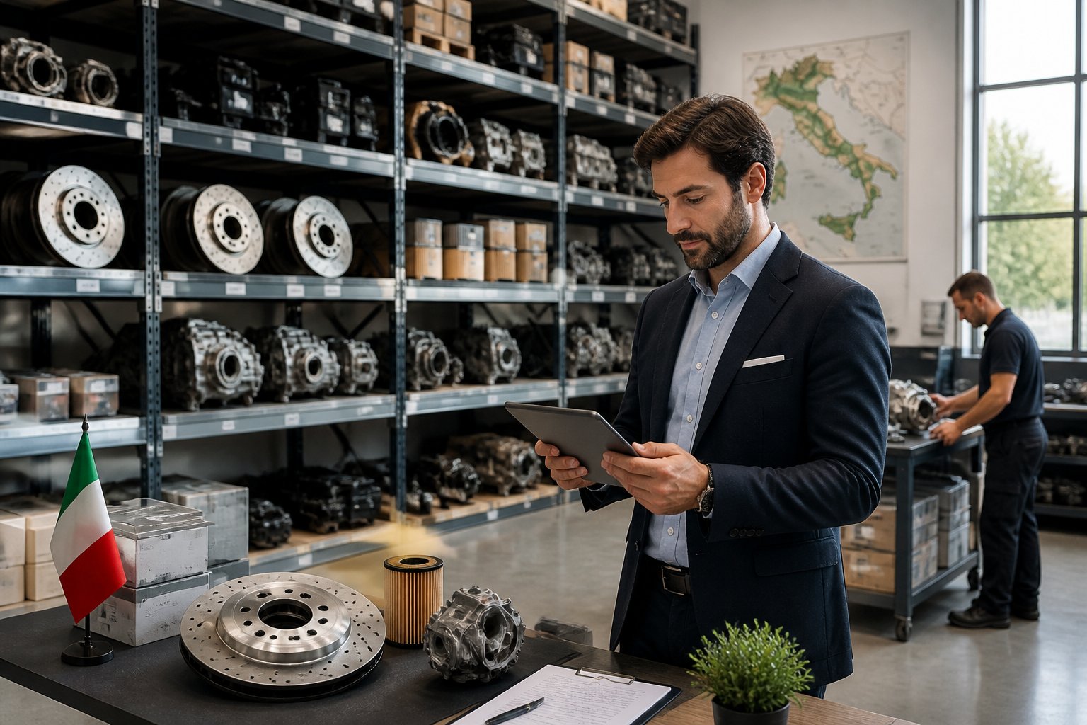 A logistics manager checks a tablet in a warehouse filled with BMW car parts, with an Italian flag and a map of Italy in the background.