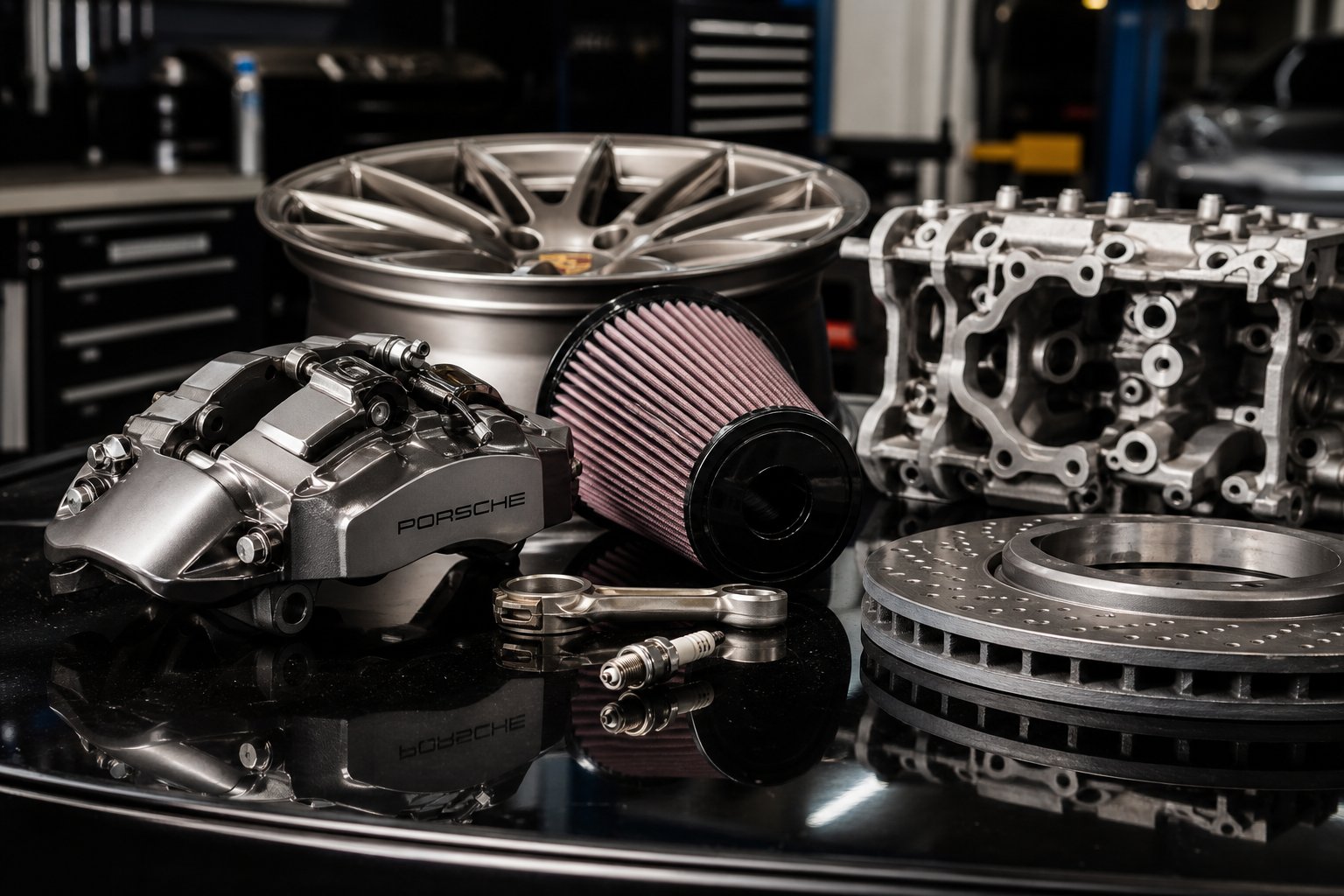 Close-up view of various high-quality Porsche car parts arranged on a black surface in an automotive workshop.