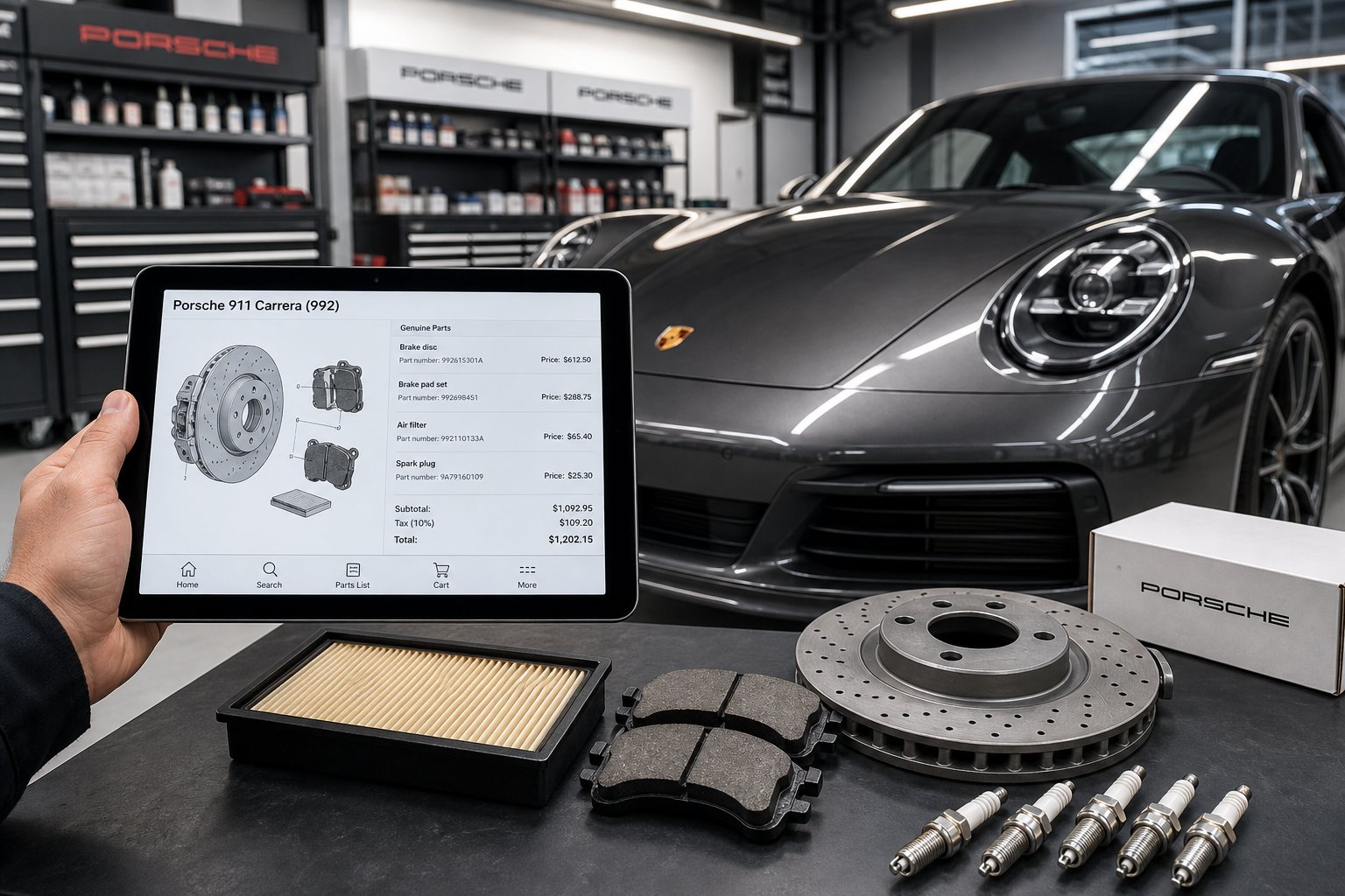 A mechanic holding a tablet showing car part diagrams and prices next to Porsche parts on a workbench in a garage.