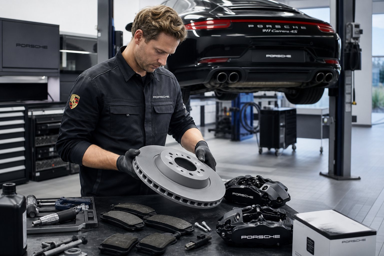A technician in a Porsche service center inspecting car parts with a Porsche vehicle on a lift in the background.