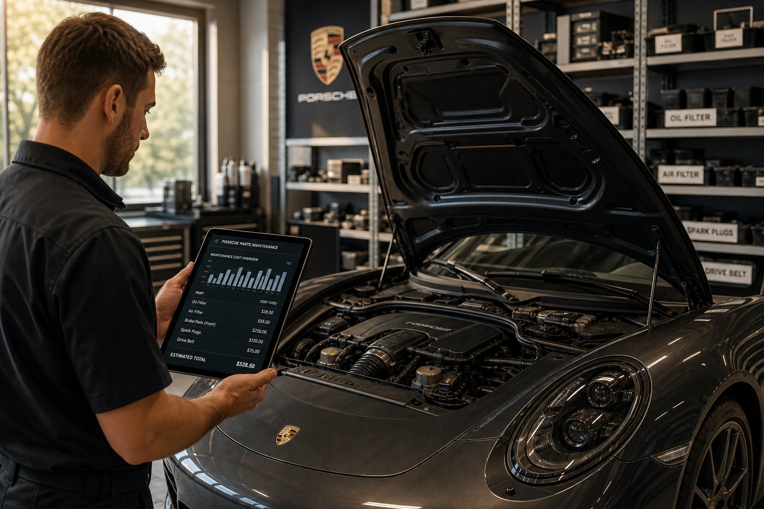 A Porsche car with its hood open in a garage, a person inspecting engine parts while holding a tablet.