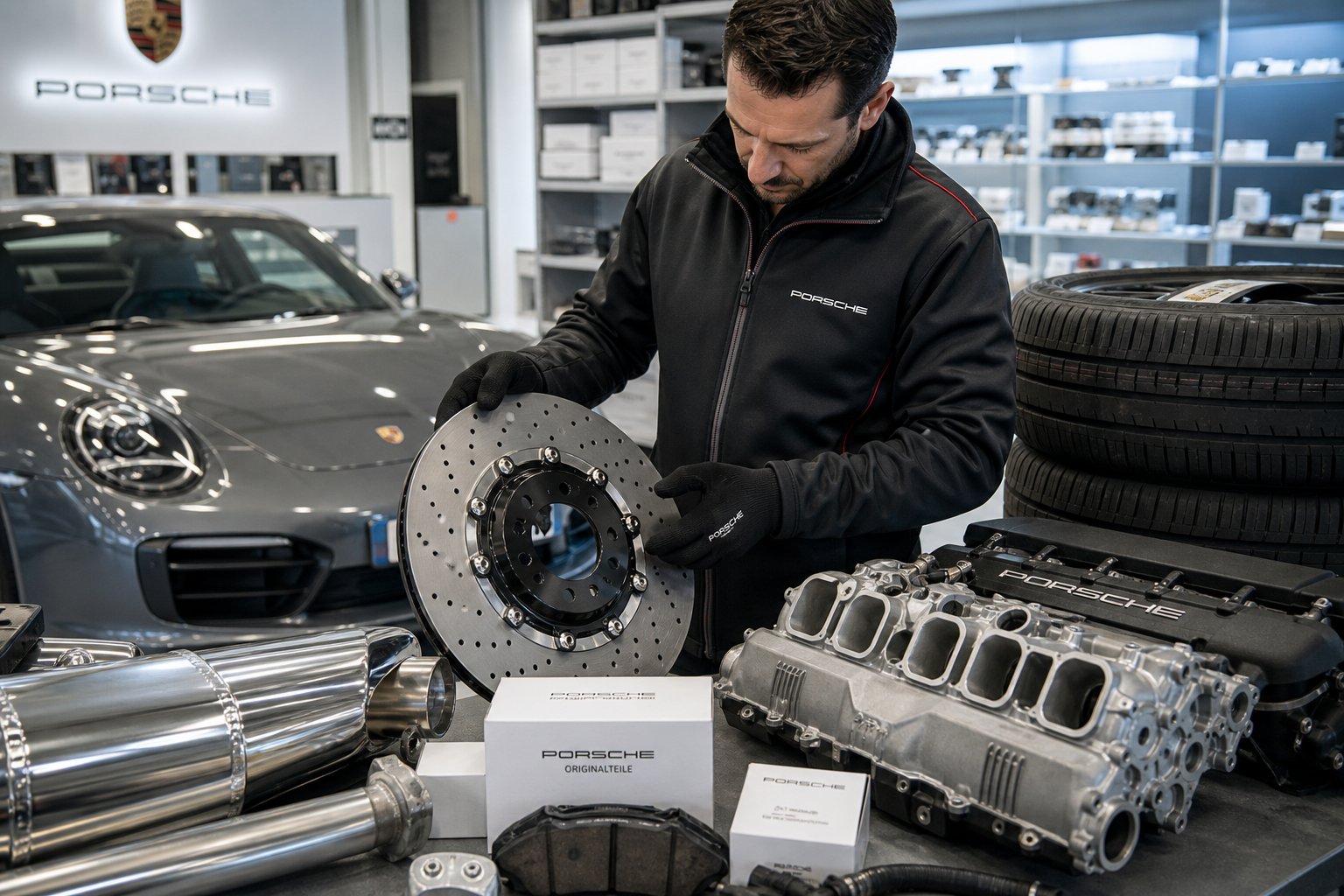 A mechanic inspecting Porsche car parts in a well-organized automotive workshop.