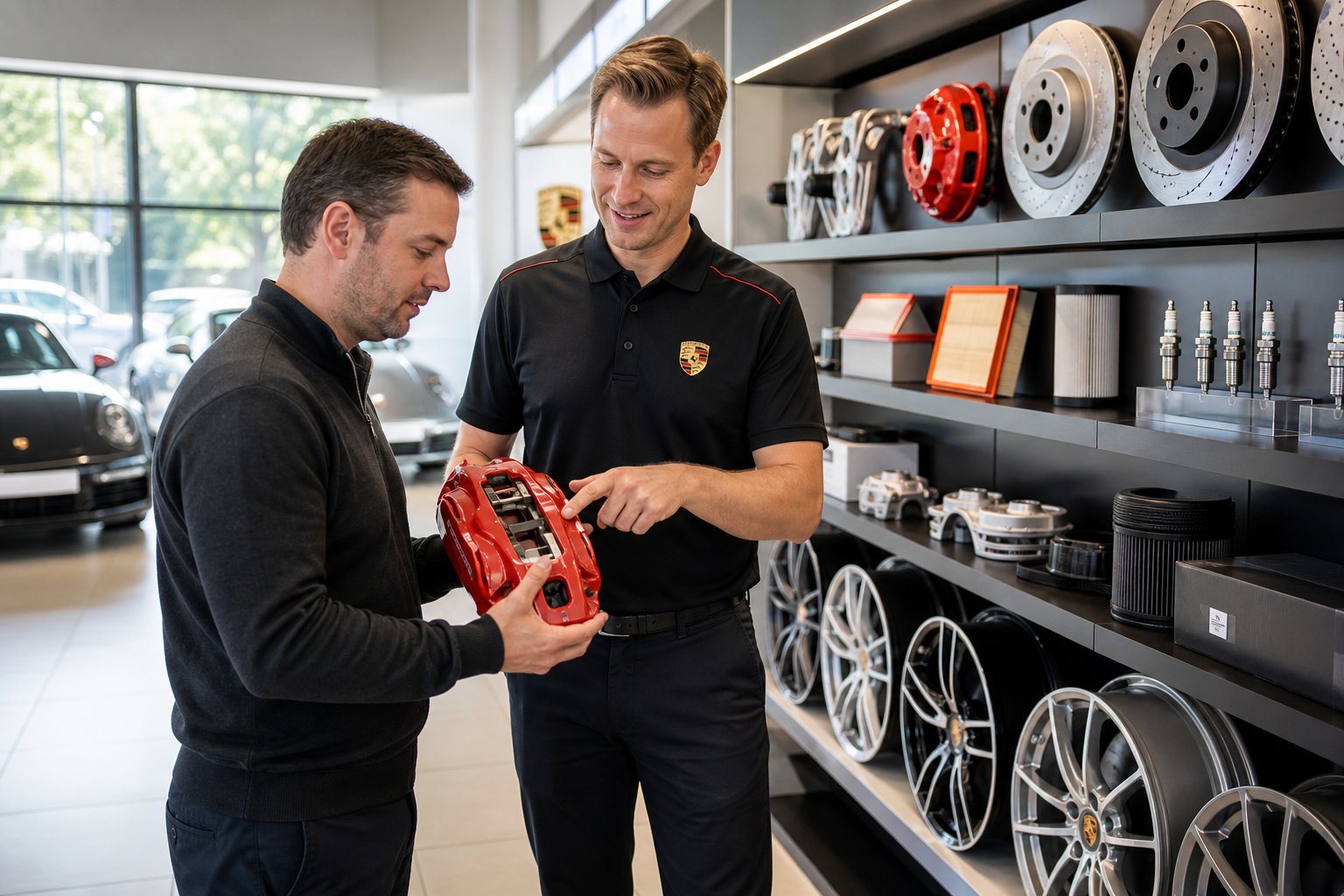 A customer and a salesperson in a bright automotive parts store looking at Porsche car parts on shelves.