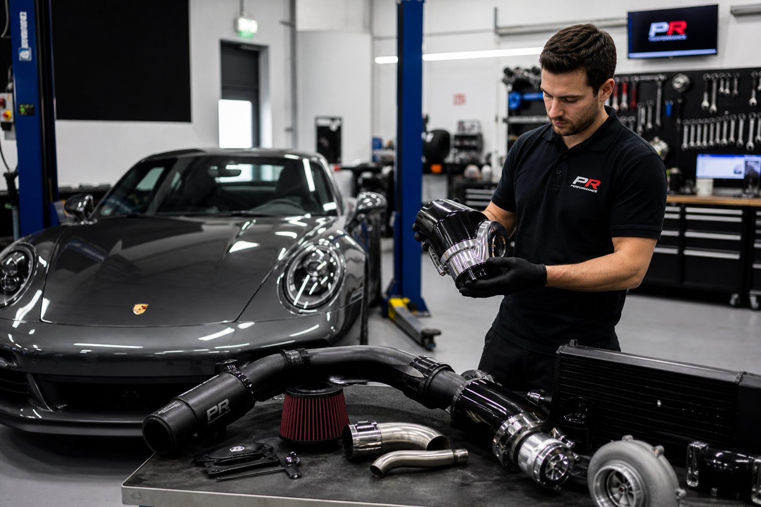 A mechanic inspecting an aftermarket car part next to a Porsche in a clean automotive workshop.