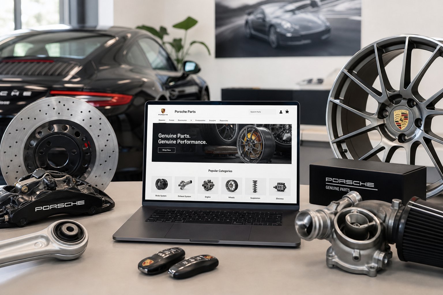 A workspace with a laptop showing an online car parts website and various Porsche car parts arranged on a desk.