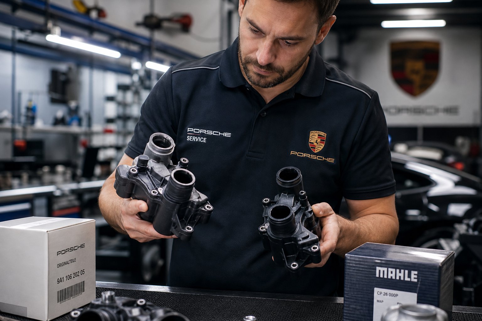 Technician comparing two car parts in a clean automotive workshop with shelves of parts in the background.