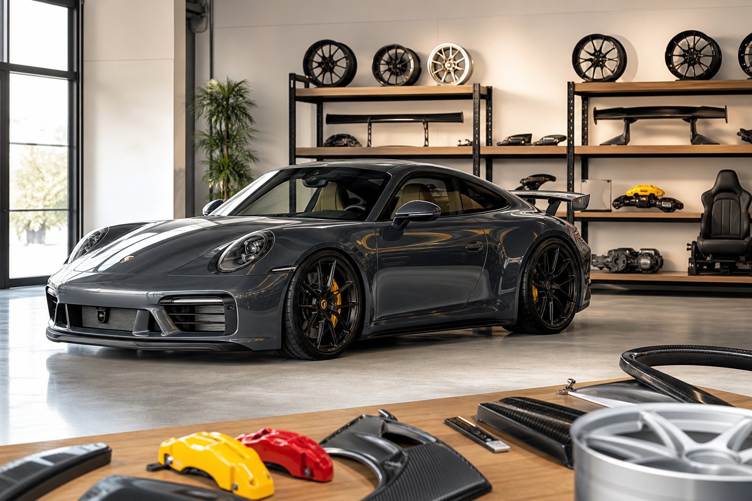 A Porsche sports car in a clean garage with Porsche accessories and parts displayed nearby.