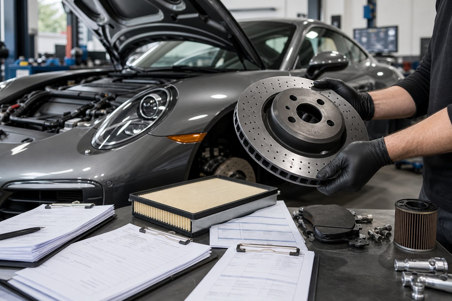 A mechanic working on a Porsche car in a clean workshop, handling an aftermarket car part with service records and documents on a nearby workbench.