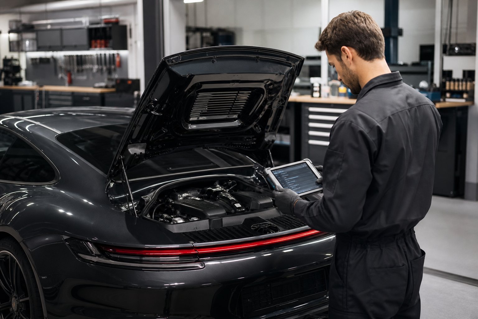 A mechanic inspecting a Porsche sports car inside an automotive service garage.