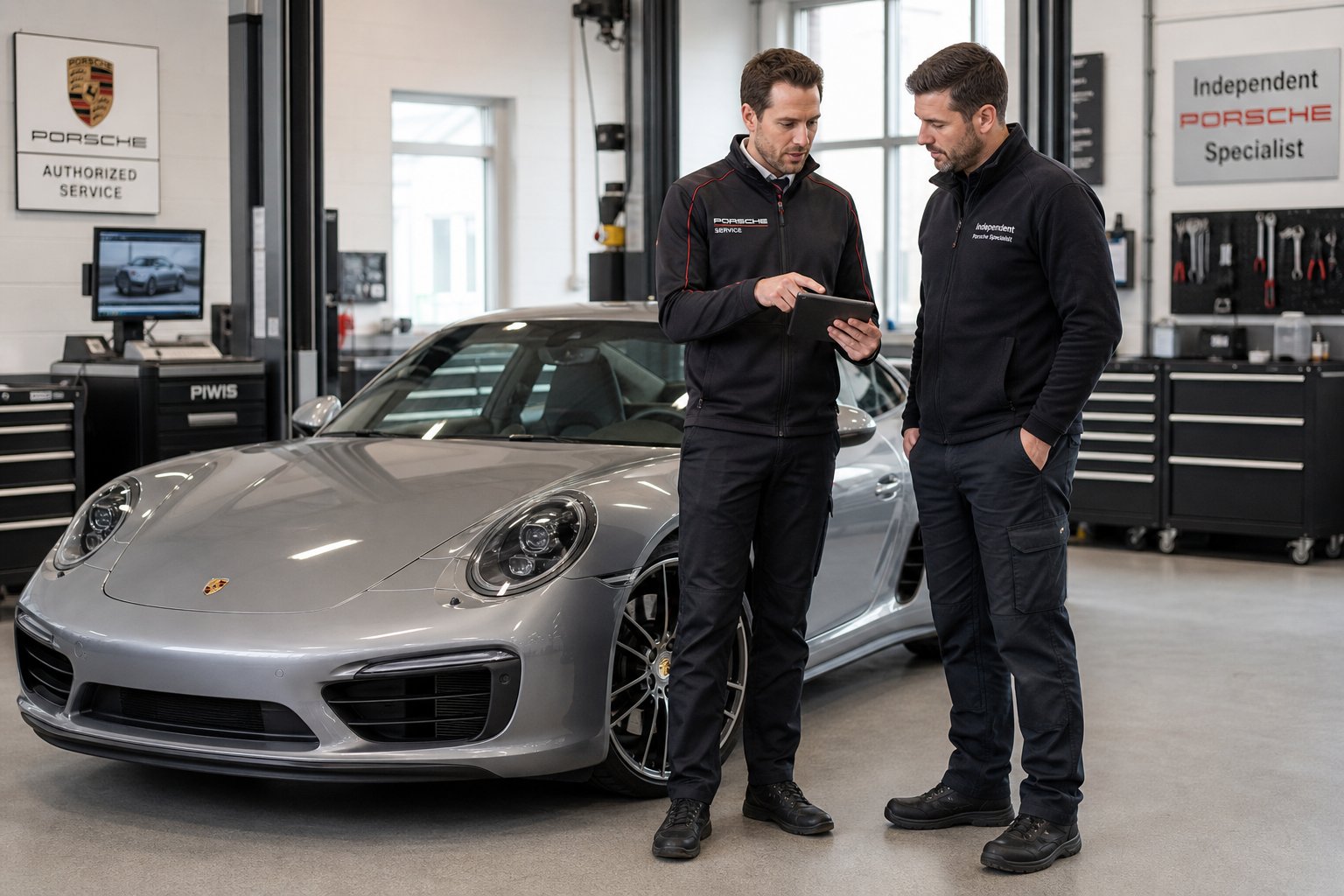 A Porsche car in a workshop with two mechanics discussing its maintenance.