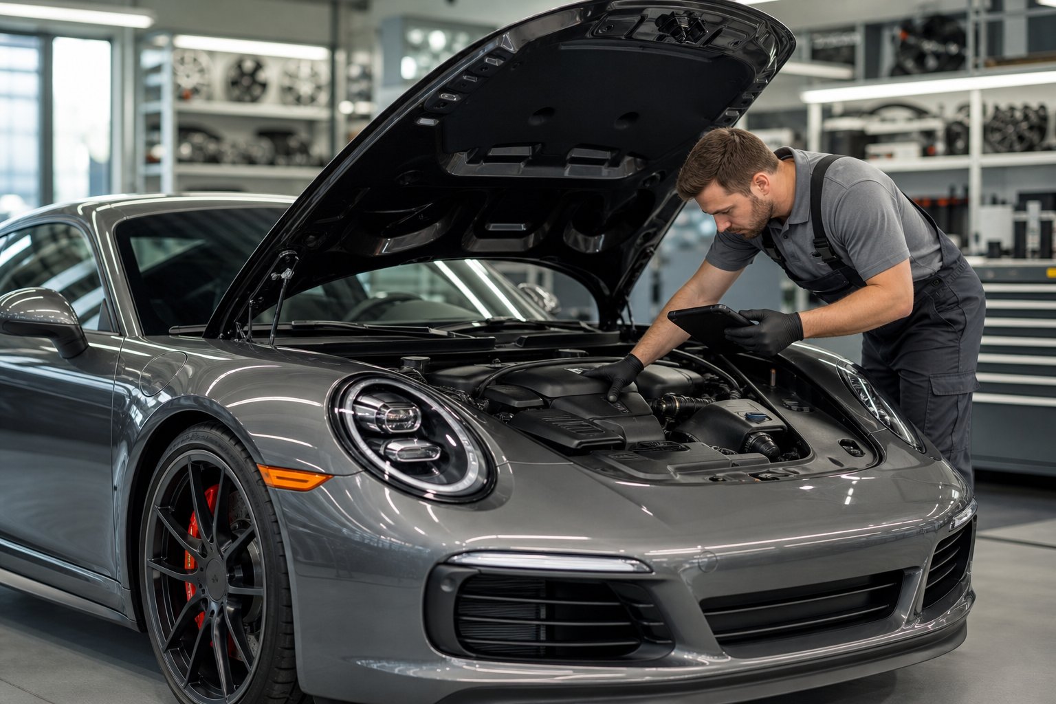 A mechanic inspecting the engine of a Porsche sports car in a clean and well-lit automotive service center.