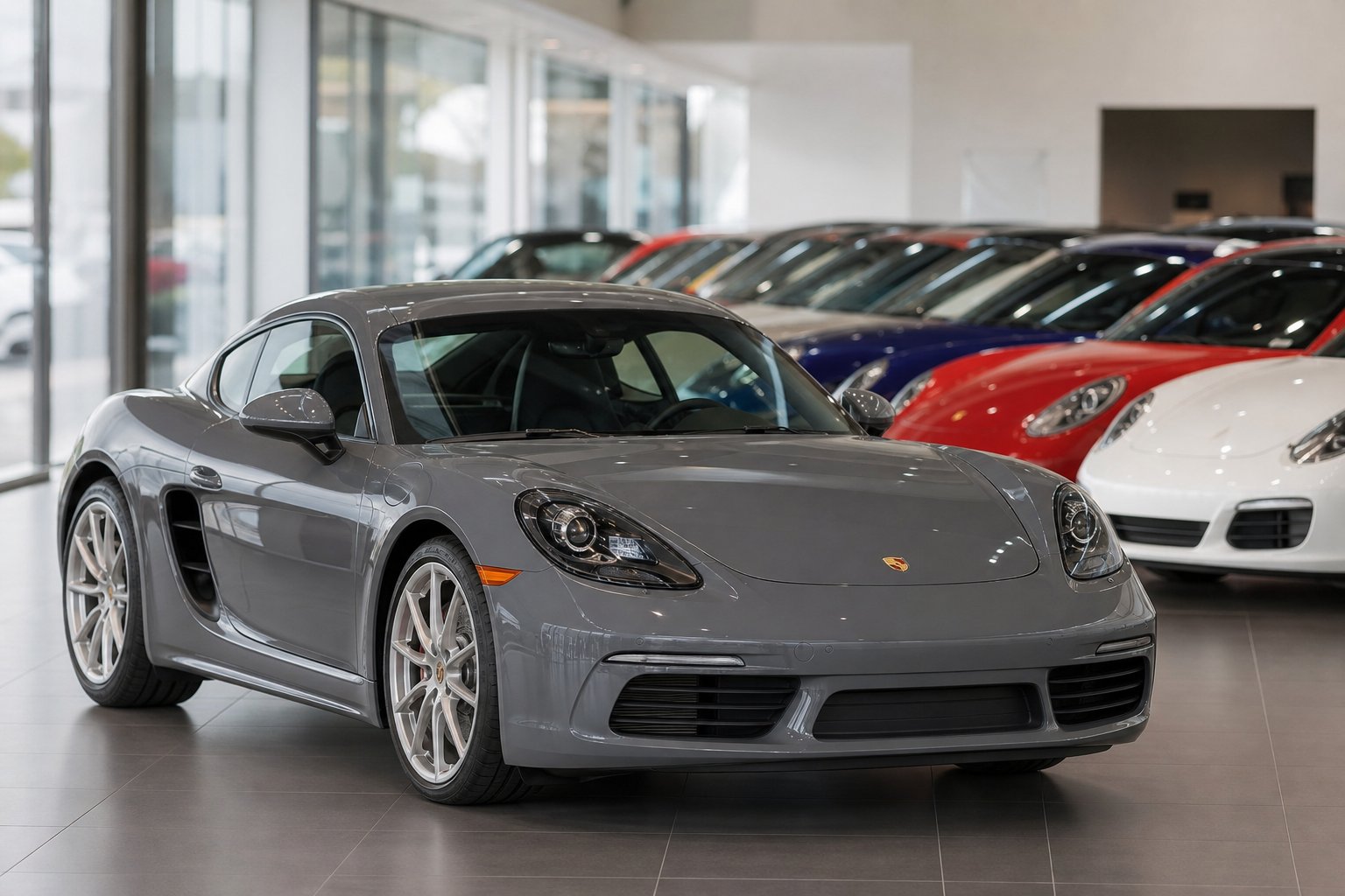 A lineup of Porsche cars in a bright showroom with a compact Porsche model in front.