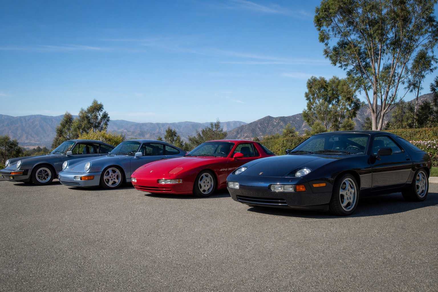 A lineup of classic Porsche cars parked outdoors on a paved road with greenery in the background.