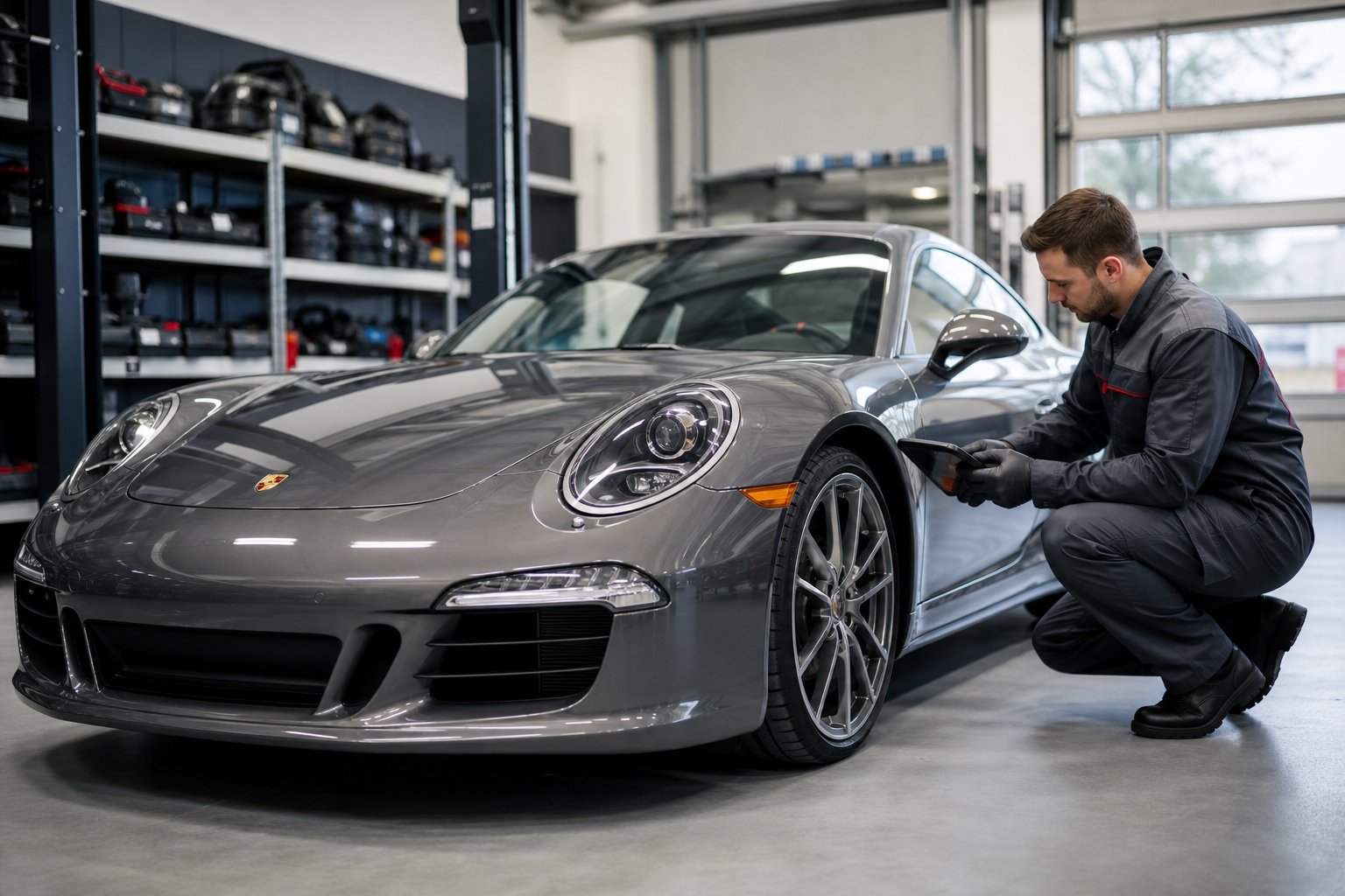 A mechanic inspecting a Porsche car in a clean automotive workshop with tools and equipment around.
