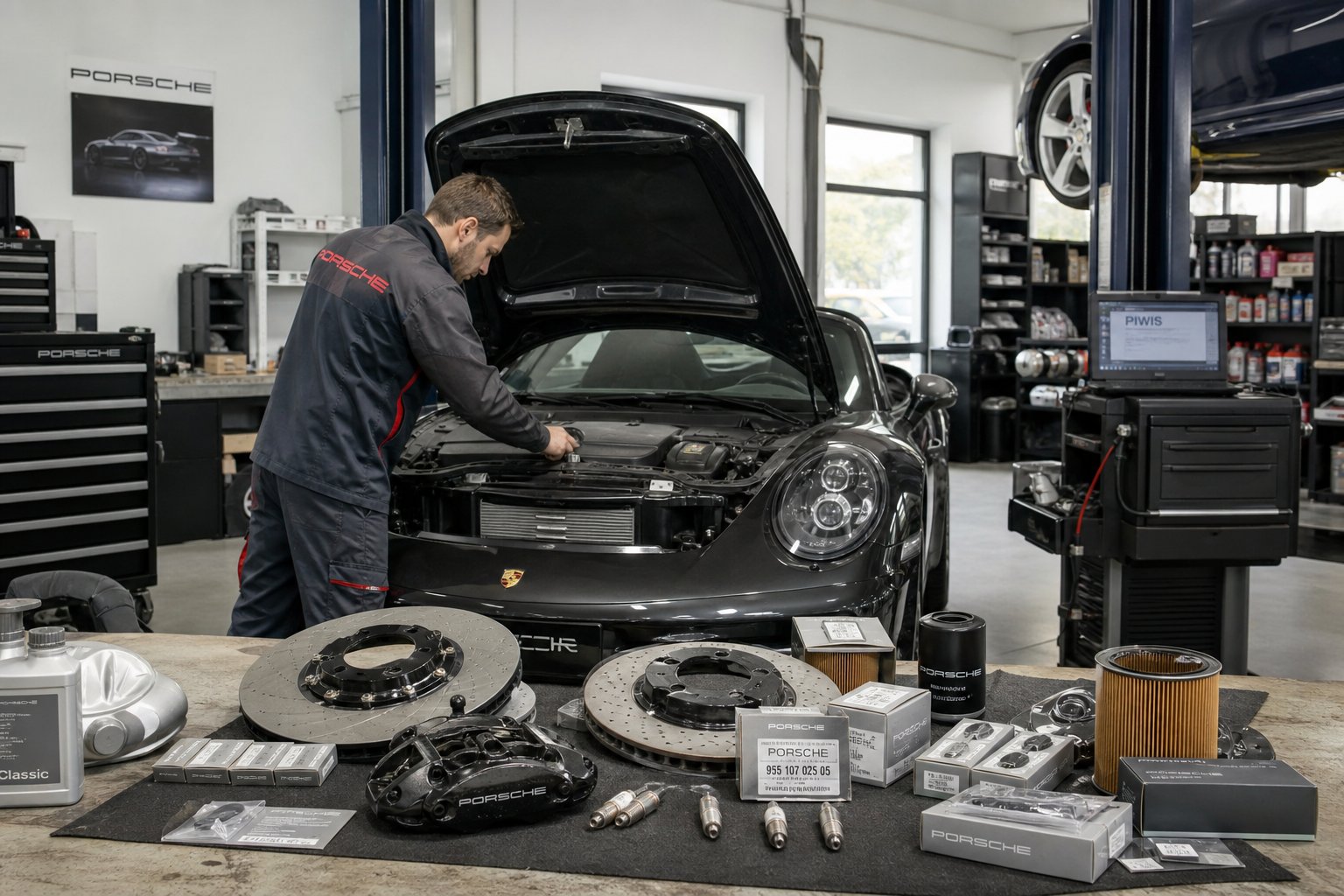 A mechanic inspects a Porsche sports car with its hood open inside an independent auto repair shop with car parts and tools around.