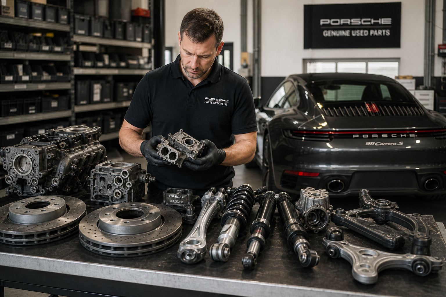 A mechanic inspecting used Porsche car parts on a workbench in an automotive workshop with a Porsche car in the background.