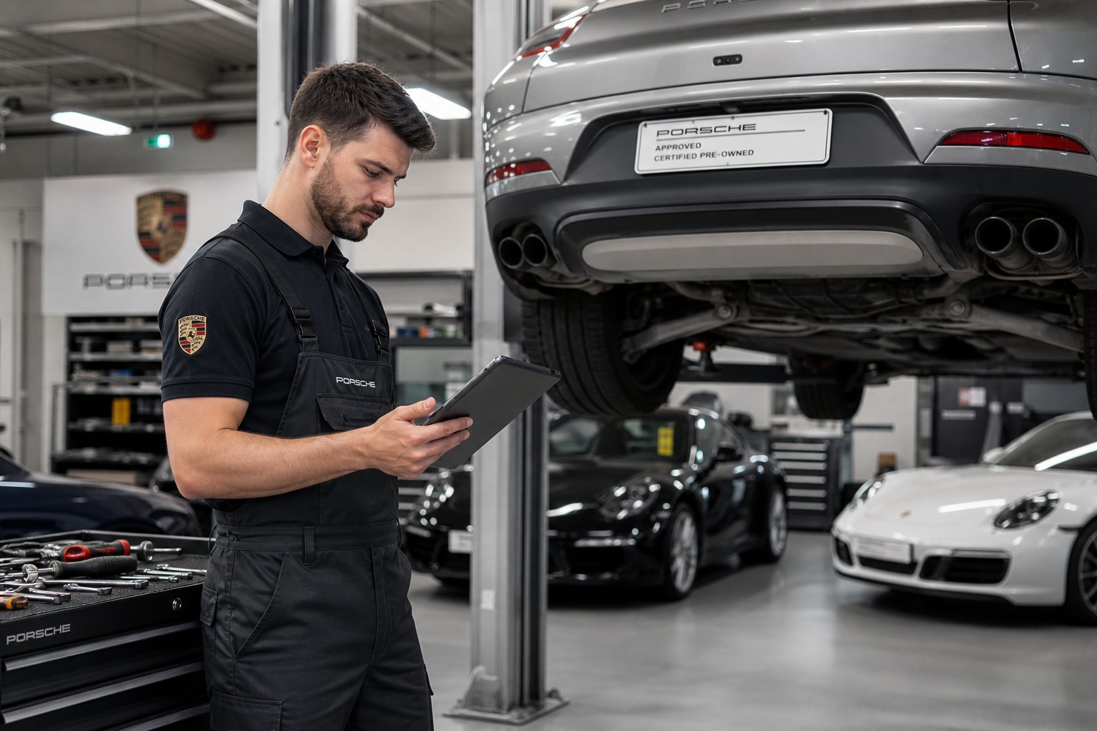 A mechanic working on a Porsche car in a clean, well-equipped automotive repair workshop.