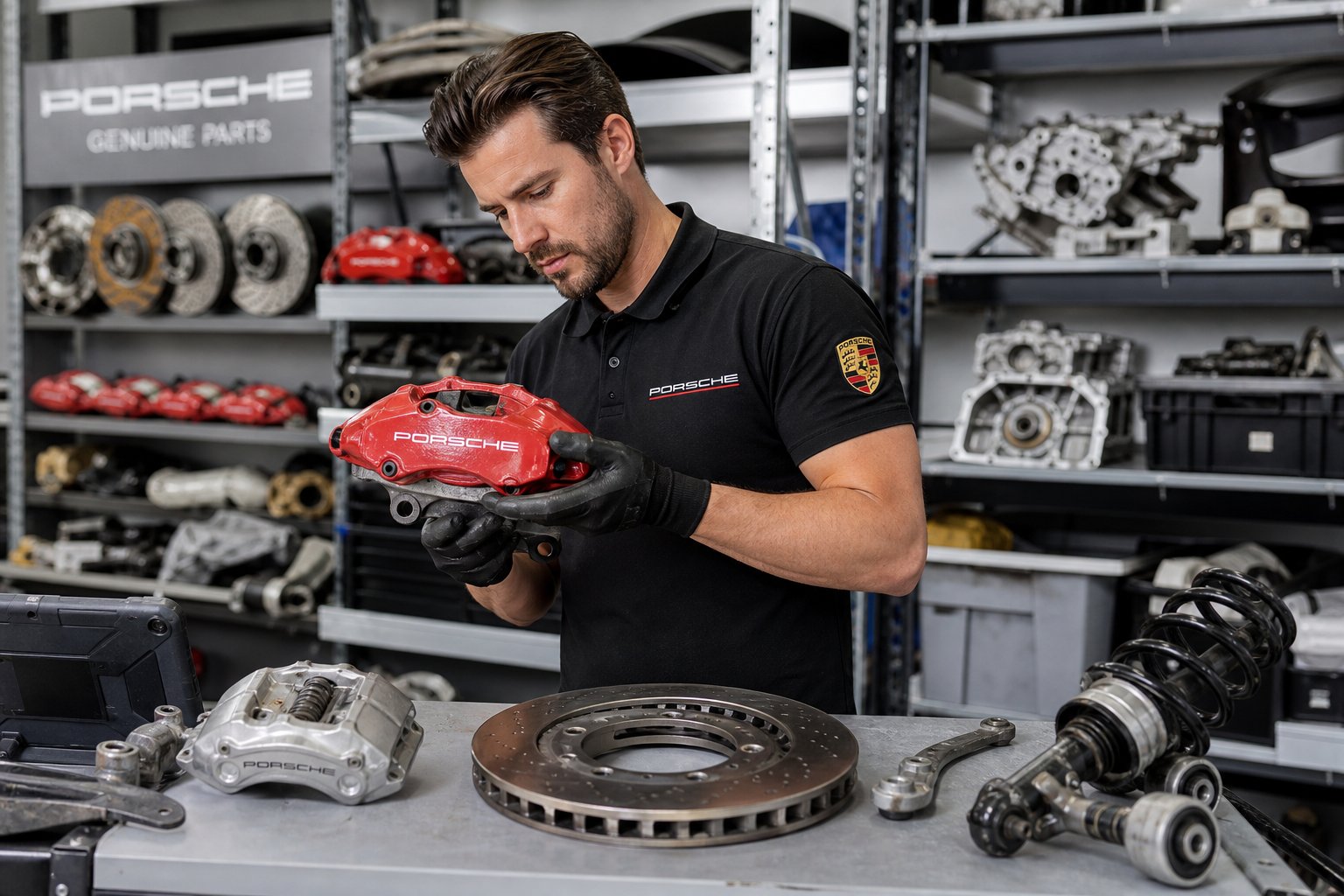 Mechanic inspecting used Porsche car parts in an automotive workshop.
