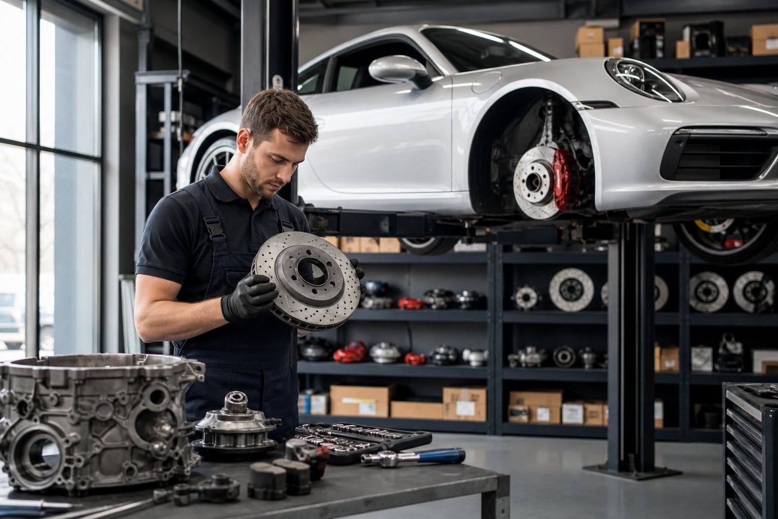 A mechanic in an independent auto repair shop inspects a Porsche car part next to a Porsche sports car on a lift.