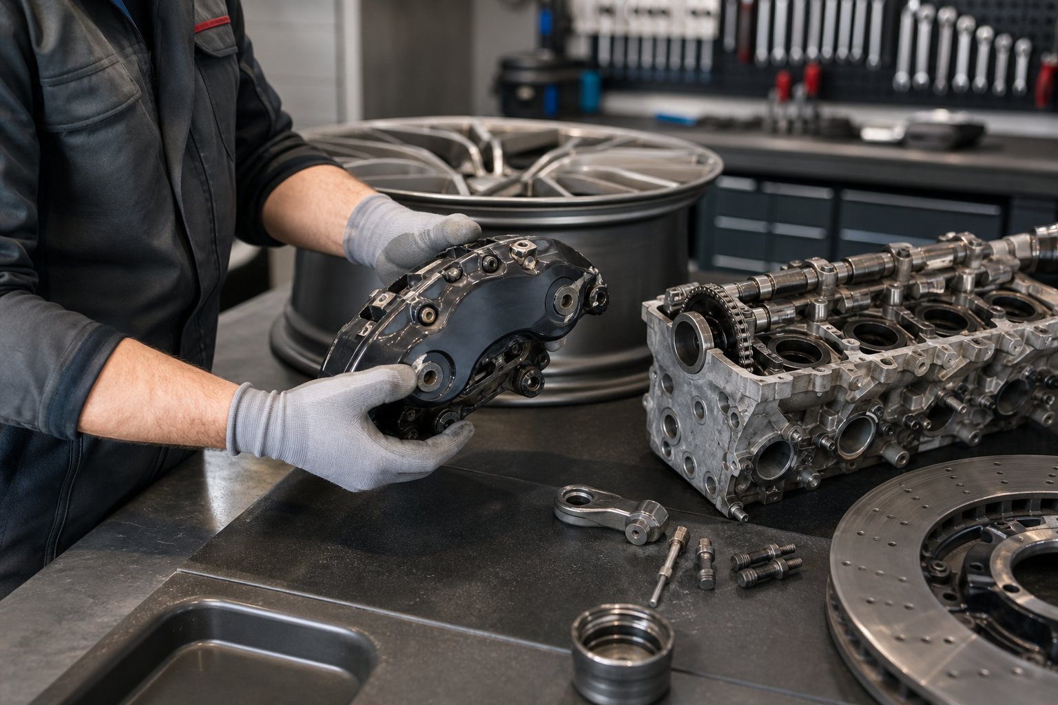 Mechanic inspecting used Porsche car parts on a workbench in an automotive workshop.