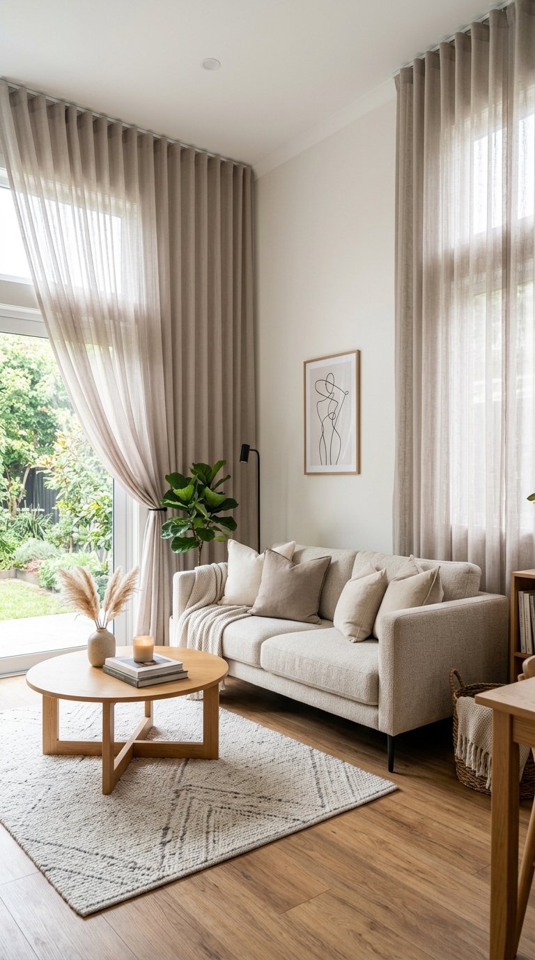 Small living room with floor-to-ceiling neutral curtains, a compact sofa, coffee table, and natural light coming through the windows.