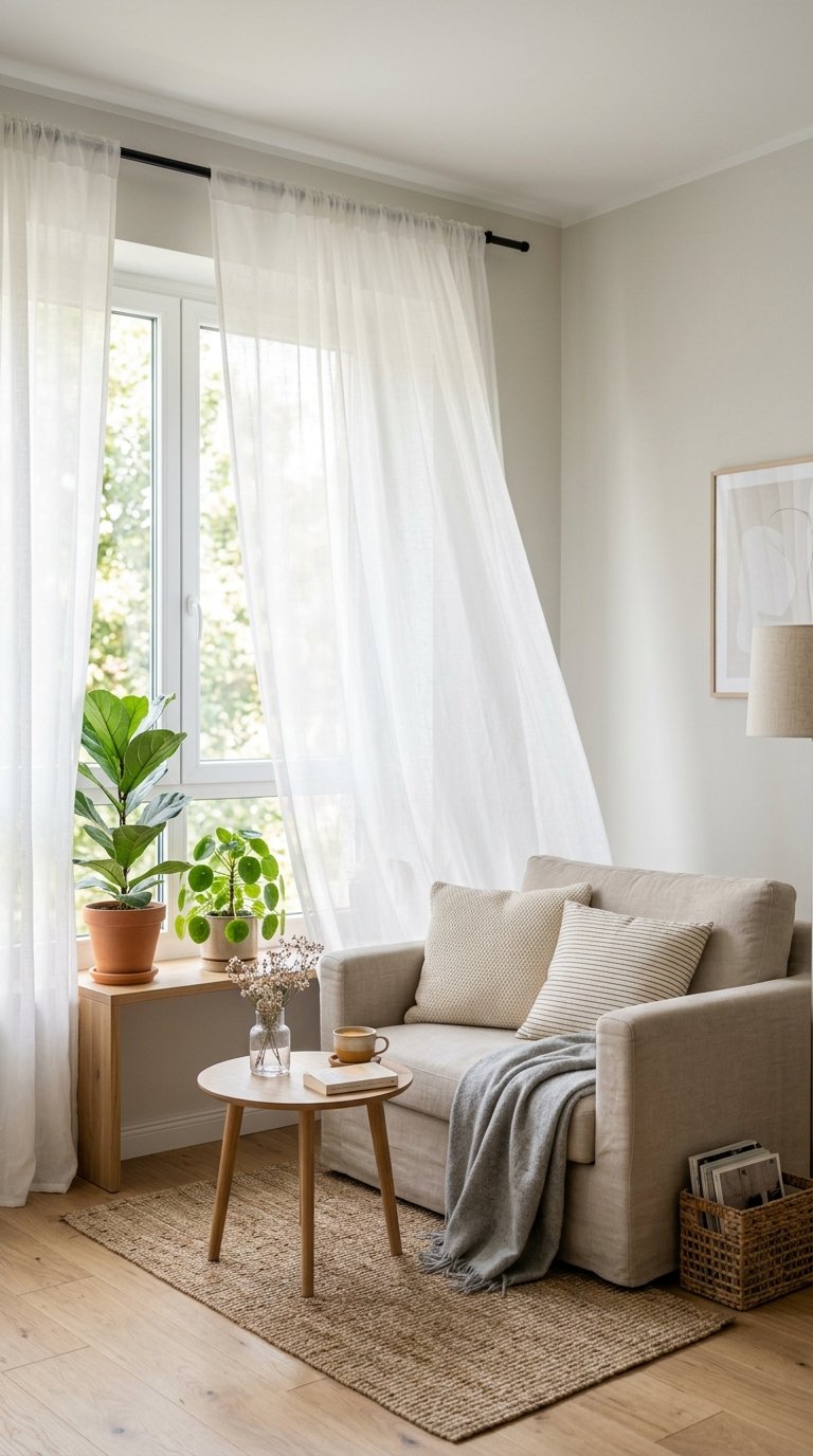 A small living room with sheer white curtains letting in soft natural light, a sofa, coffee table, and plants near the window.