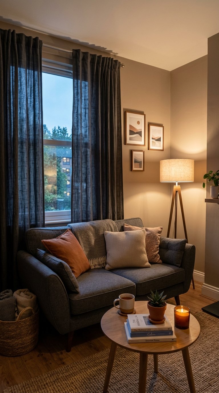 Small living room with dark curtains, a sofa, coffee table, and warm lighting creating a cozy atmosphere.