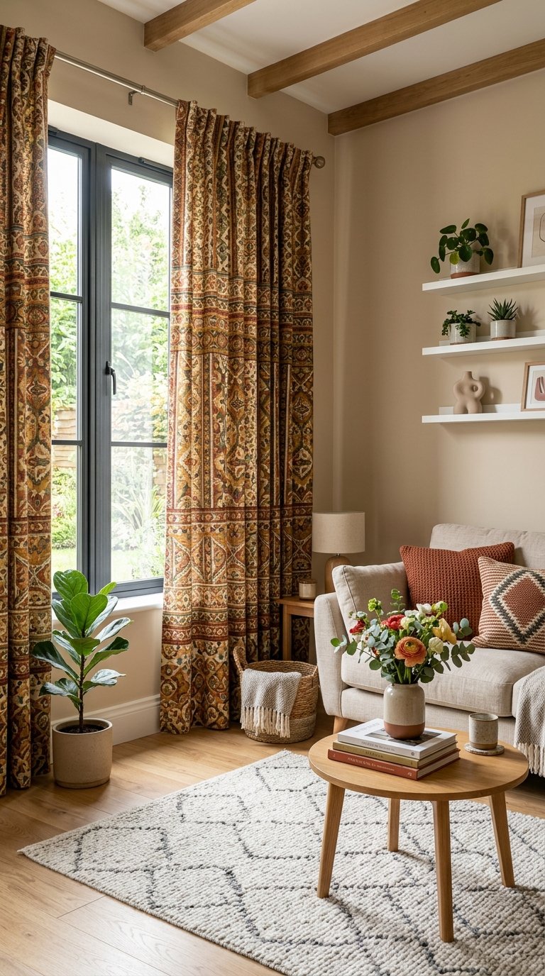 Small living room with patterned curtains hanging on large windows, a sofa, coffee table, and decorative plants.