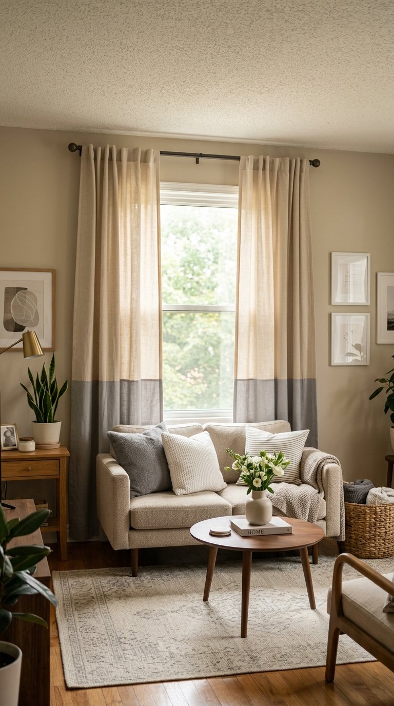 A small living room with two-tone curtains hanging on the window, a sofa, coffee table, and soft natural light filling the space.