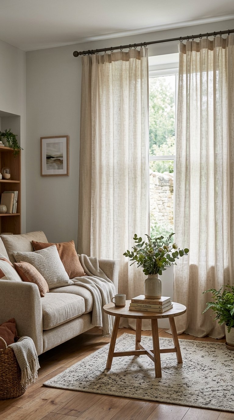 Small living room with light linen curtains letting in natural light, a sofa, coffee table, and simple decor.