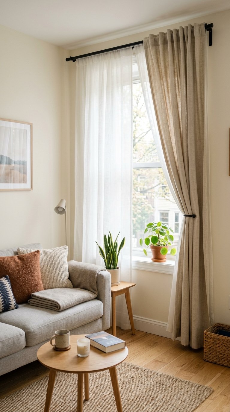 A small living room with a window featuring two layers of curtains, a sheer inner layer and a heavier outer layer, with a sofa and a coffee table nearby.