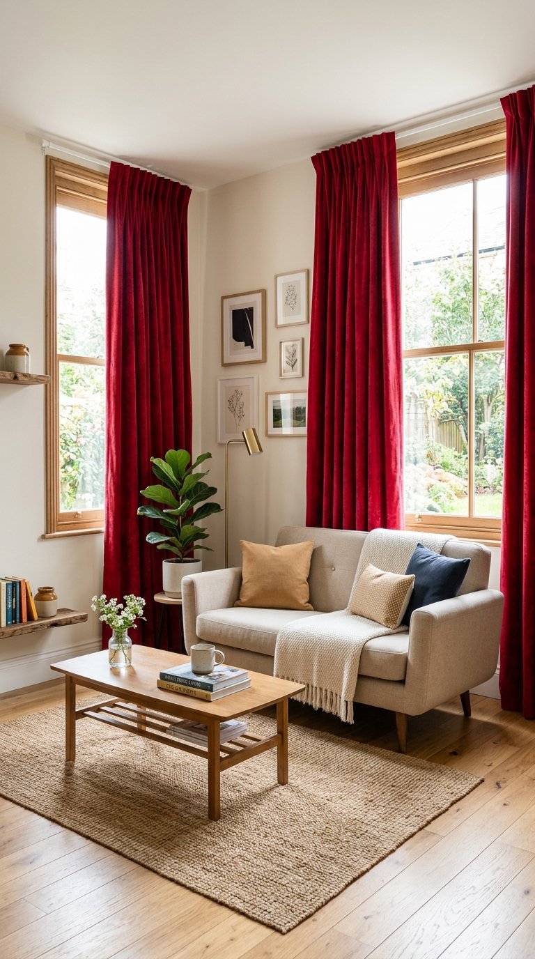 A small living room with large windows covered by bold, colorful curtains and a compact sofa nearby.