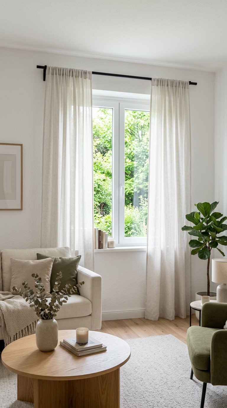 Small living room with light curtains hanging from black curtain rods, a sofa, and a coffee table near a window with natural light.